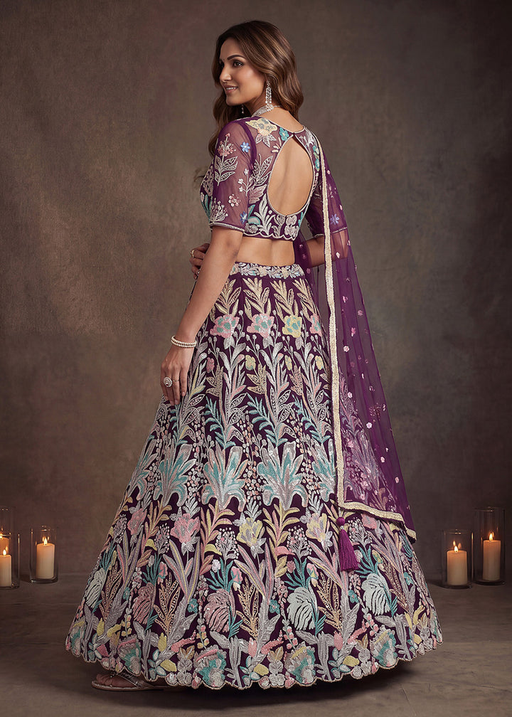 Shop Now Wine Multi Floral Embroidered Wedding Lehenga Choli Online in US, UK, Canada, France, Germany, Spain, Austria, Sweden, UAE &amp; Worldwide at Empress.