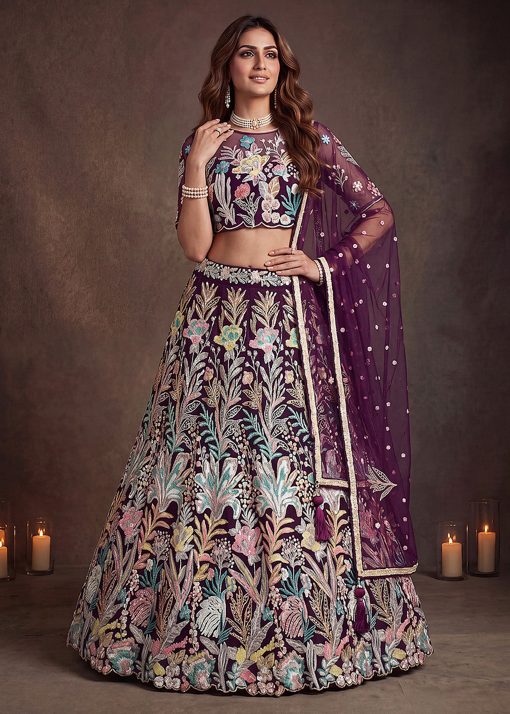 Shop Now Wine Multi Floral Embroidered Wedding Lehenga Choli Online in US, UK, Canada, France, Germany, Spain, Austria, Sweden, UAE &amp; Worldwide at Empress.