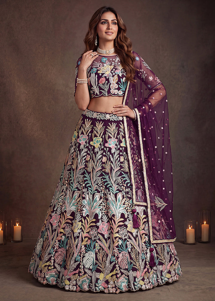 Shop Now Wine Multi Floral Embroidered Wedding Lehenga Choli Online in US, UK, Canada, France, Germany, Spain, Austria, Sweden, UAE &amp; Worldwide at Empress.