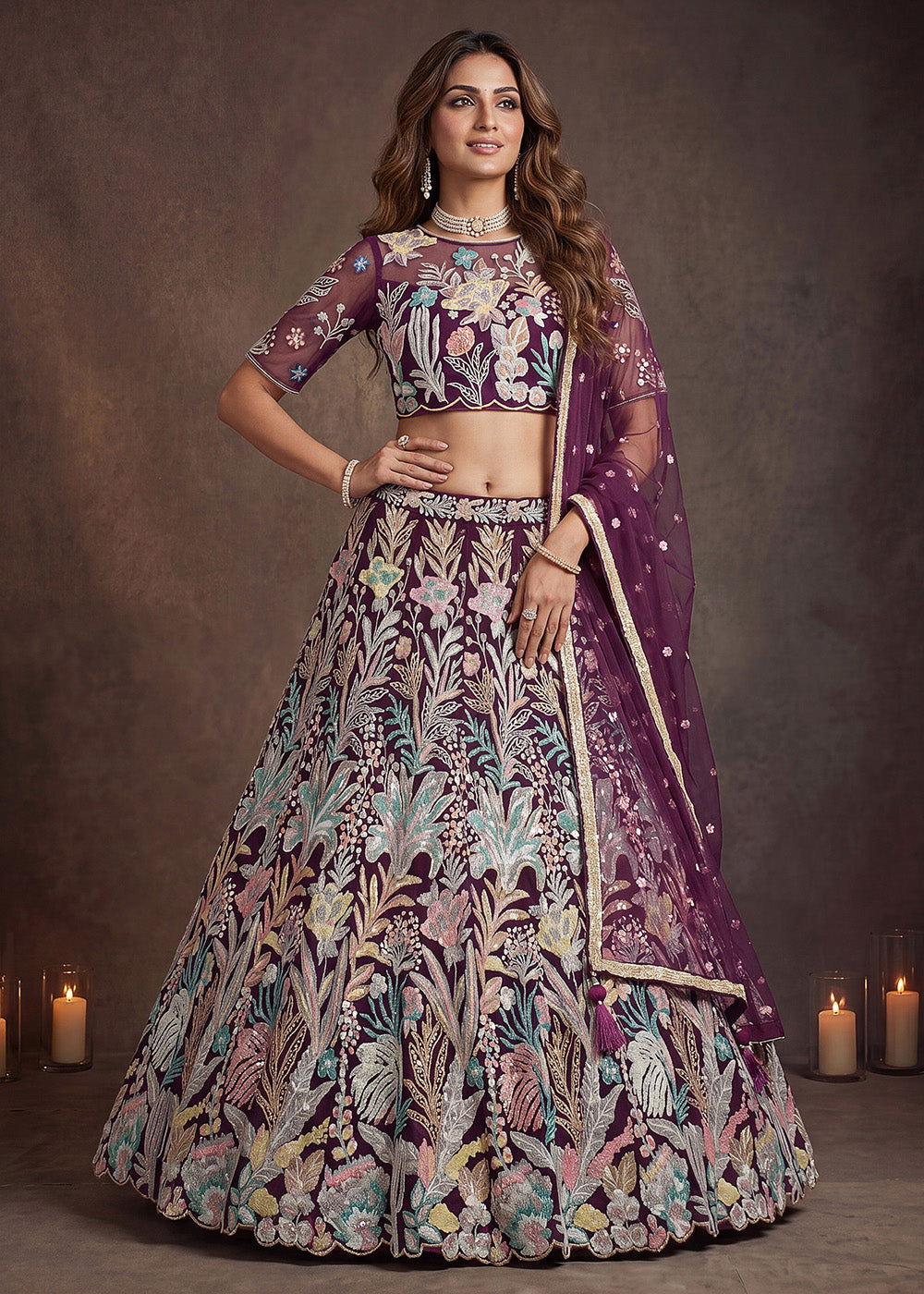Shop Now Wine Multi Floral Embroidered Wedding Lehenga Choli Online in US, UK, Canada, France, Germany, Spain, Austria, Sweden, UAE &amp; Worldwide at Empress.
