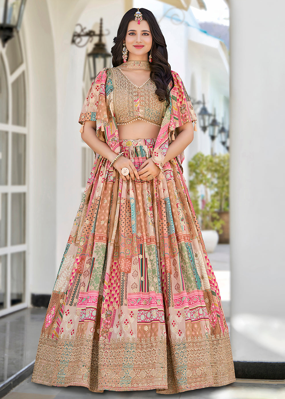 Buy Now Beige Printed & Zari Dori Embroidered Lehenga Choli Online in US, UK, Canada, France, Italy, Germany, Australia, UAE, Spain & Worldwide at Empress.