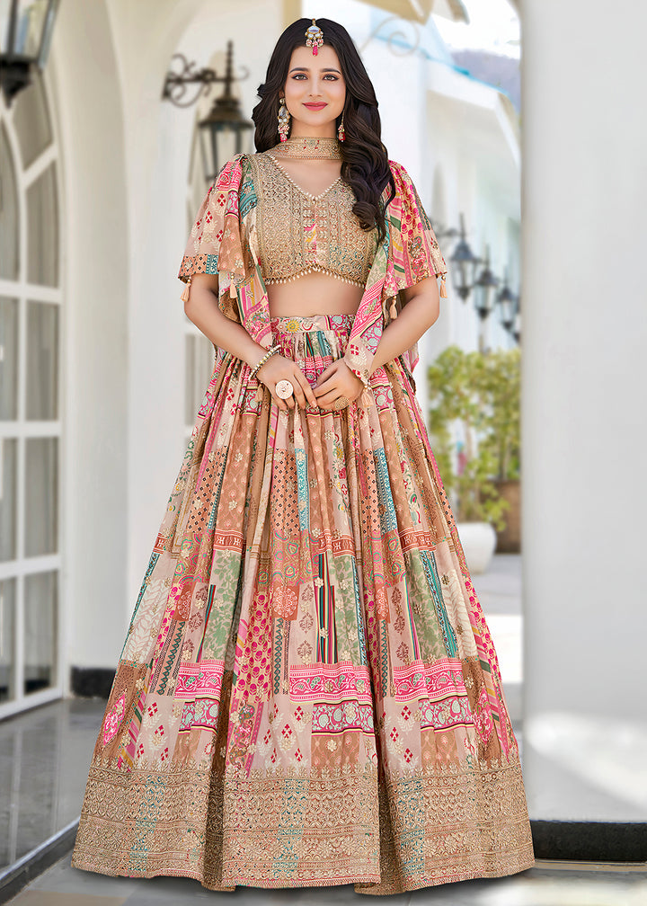 Buy Now Beige Printed & Zari Dori Embroidered Lehenga Choli Online in US, UK, Canada, France, Italy, Germany, Australia, UAE, Spain & Worldwide at Empress.