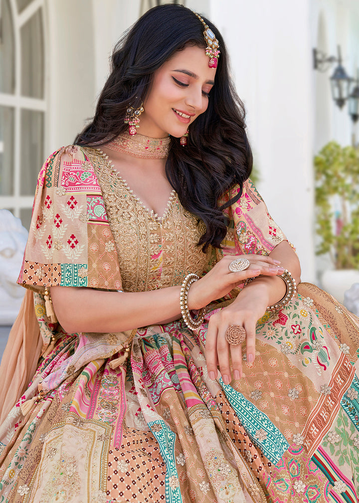 Buy Now Beige Printed & Zari Dori Embroidered Lehenga Choli Online in US, UK, Canada, France, Italy, Germany, Australia, UAE, Spain & Worldwide at Empress.