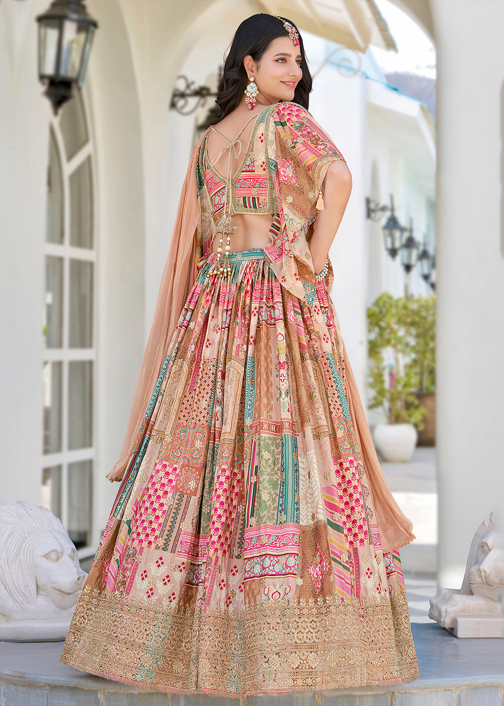Buy Now Beige Printed & Zari Dori Embroidered Lehenga Choli Online in US, UK, Canada, France, Italy, Germany, Australia, UAE, Spain & Worldwide at Empress.