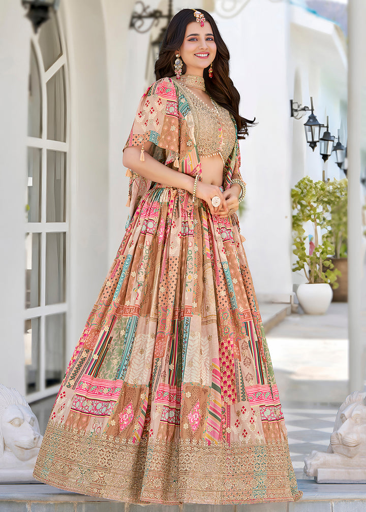 Buy Now Beige Printed & Zari Dori Embroidered Lehenga Choli Online in US, UK, Canada, France, Italy, Germany, Australia, UAE, Spain & Worldwide at Empress.