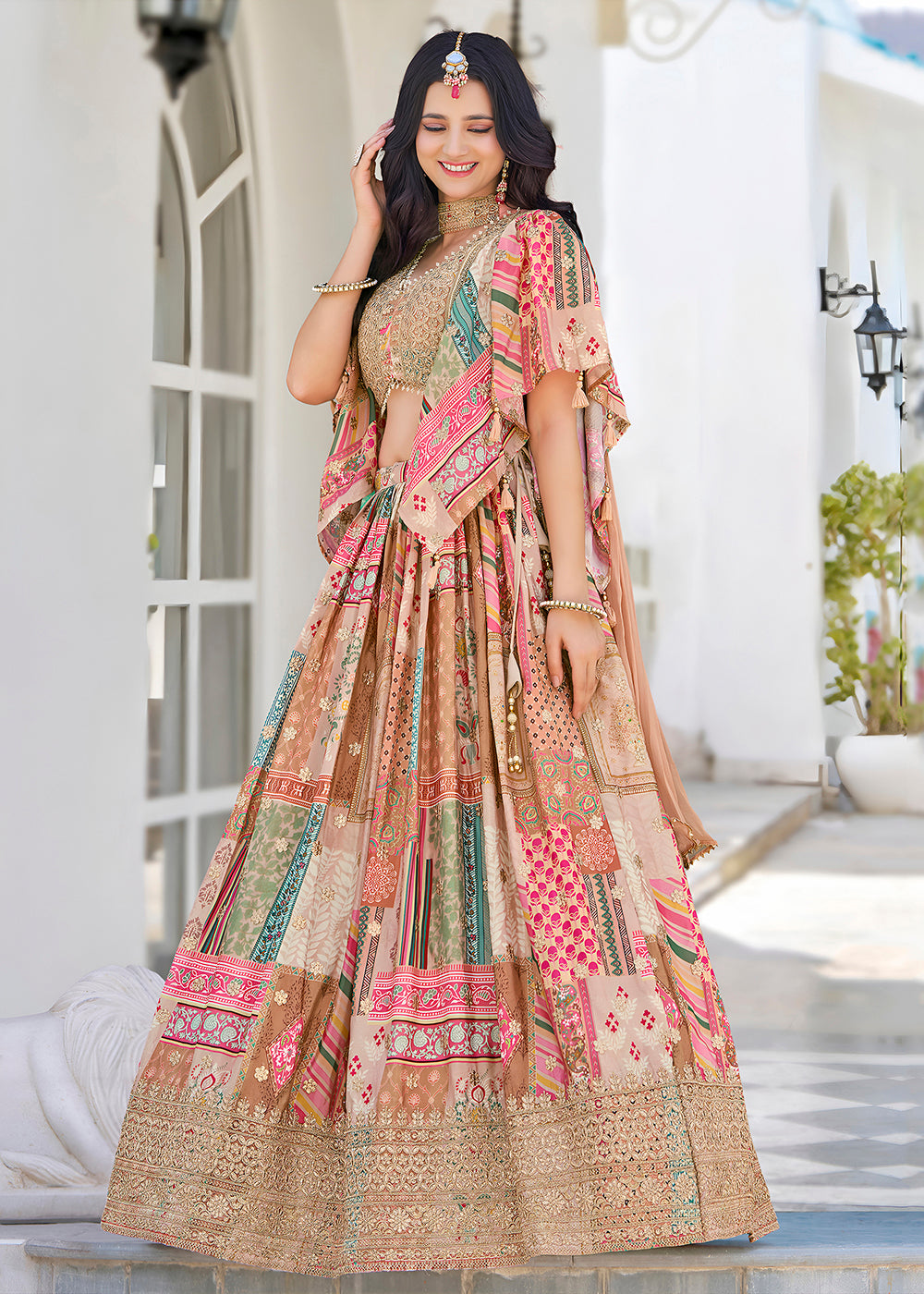 Buy Now Beige Printed & Zari Dori Embroidered Lehenga Choli Online in US, UK, Canada, France, Italy, Germany, Australia, UAE, Spain & Worldwide at Empress.