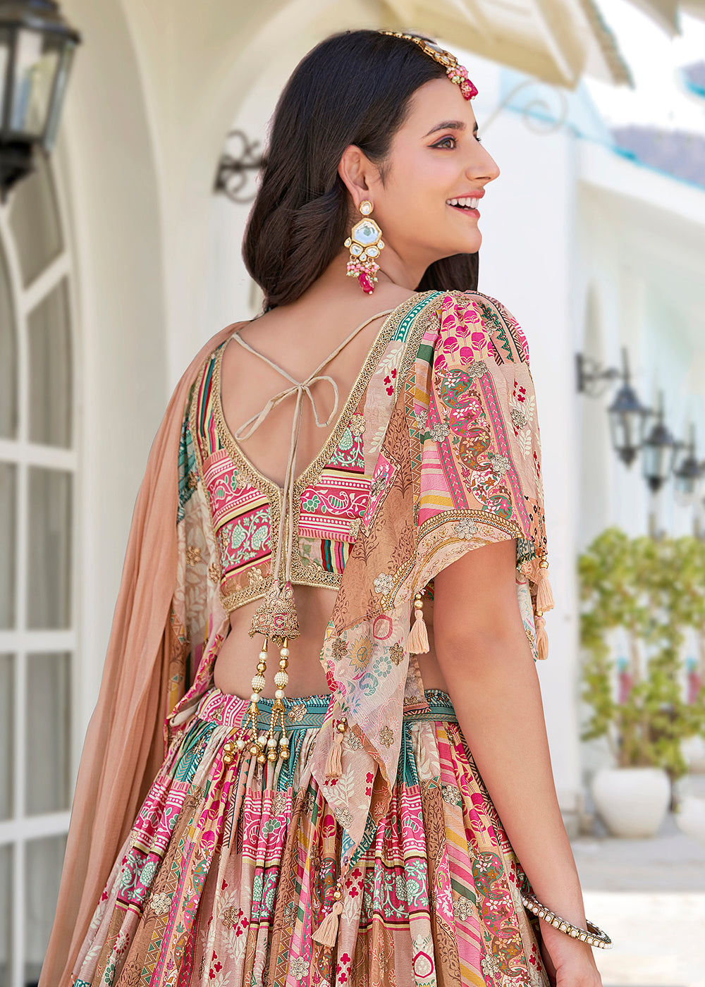 Buy Now Beige Printed & Zari Dori Embroidered Lehenga Choli Online in US, UK, Canada, France, Italy, Germany, Australia, UAE, Spain & Worldwide at Empress.