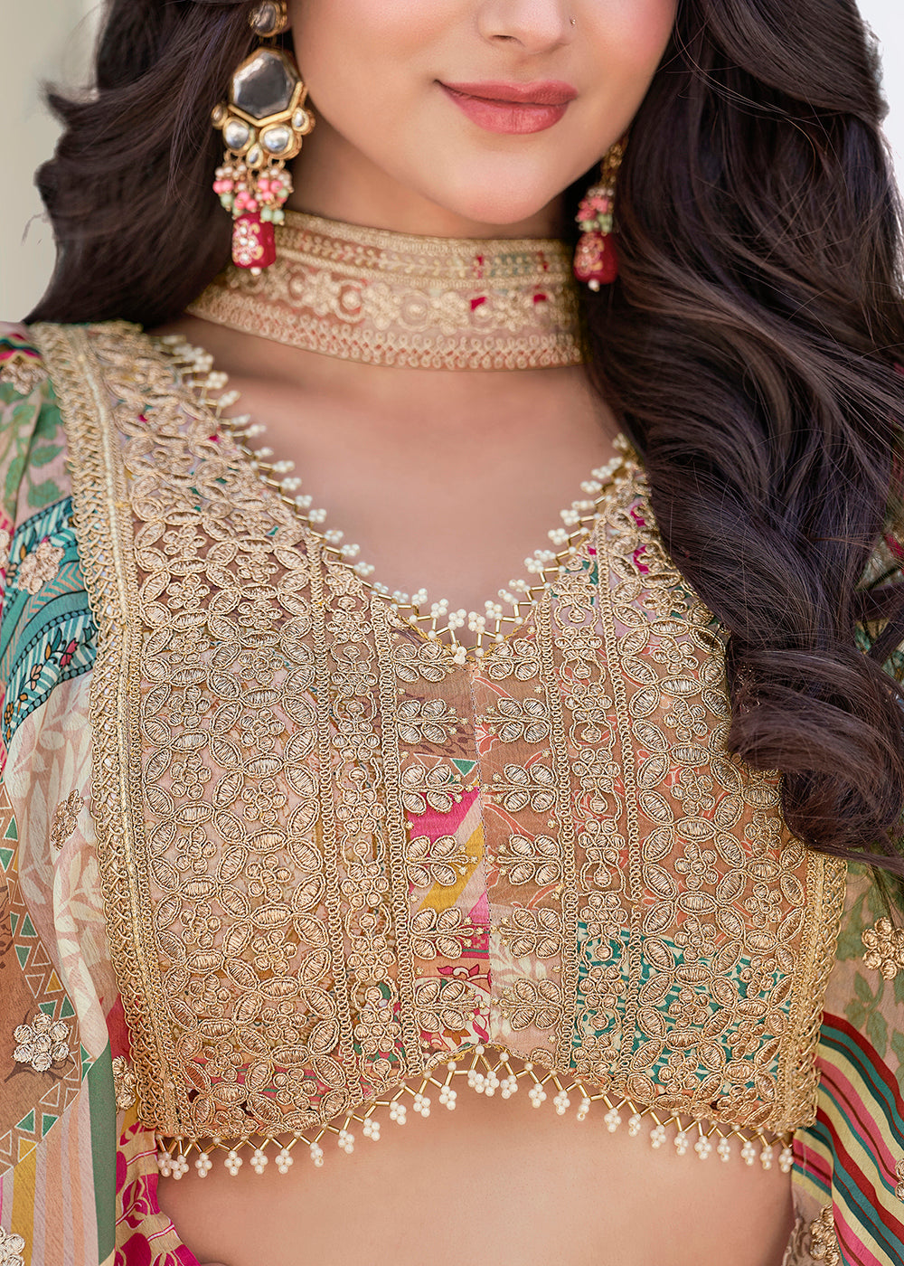 Buy Now Beige Printed & Zari Dori Embroidered Lehenga Choli Online in US, UK, Canada, France, Italy, Germany, Australia, UAE, Spain & Worldwide at Empress.