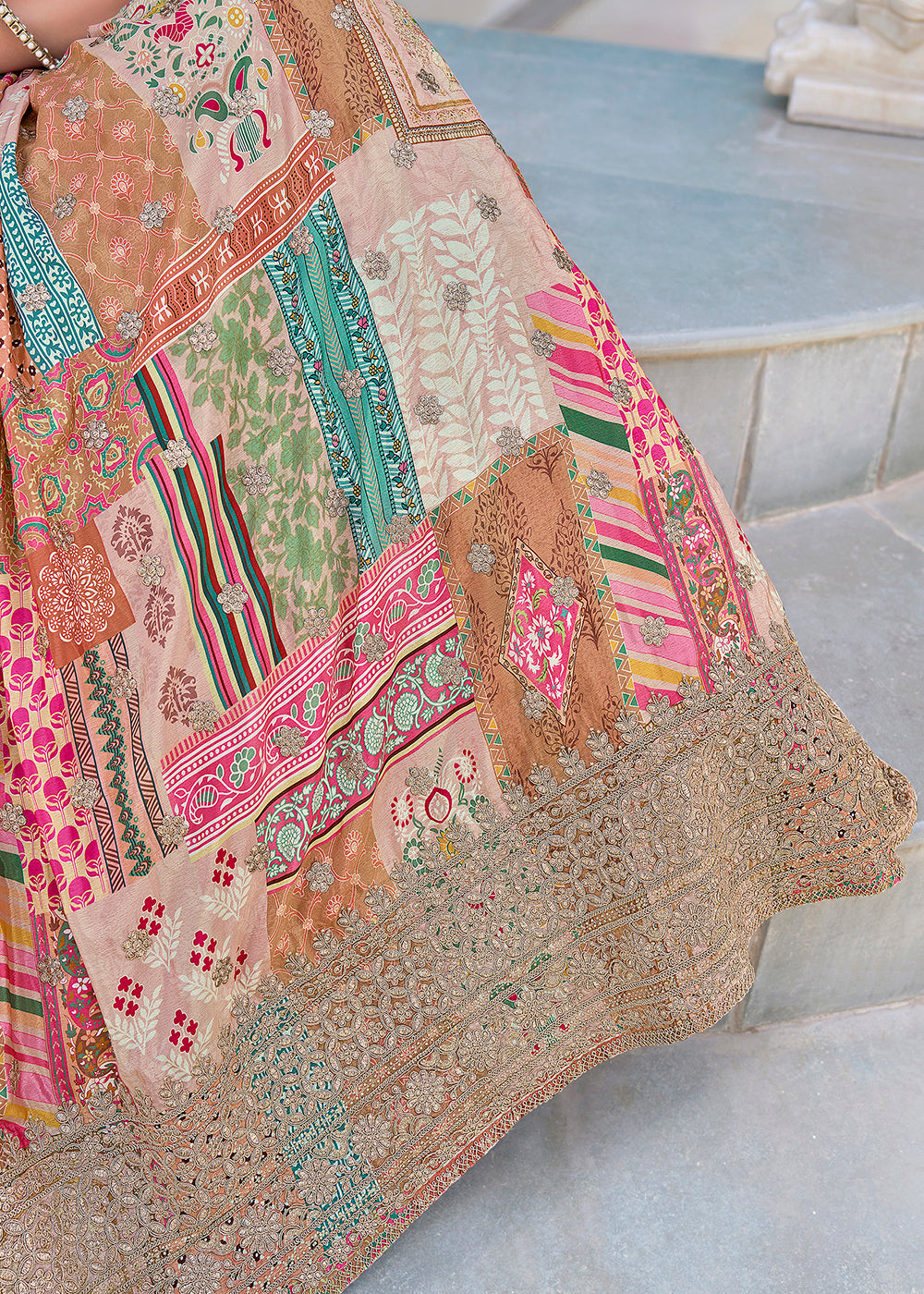 Buy Now Beige Printed & Zari Dori Embroidered Lehenga Choli Online in US, UK, Canada, France, Italy, Germany, Australia, UAE, Spain & Worldwide at Empress.