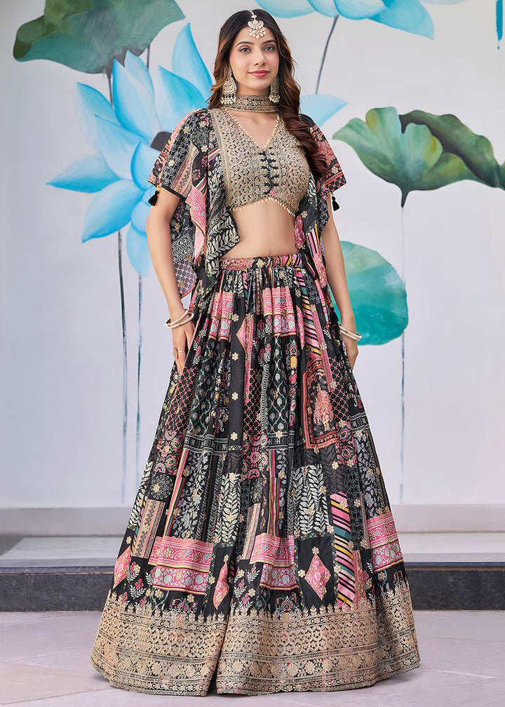 Buy Now Black Printed & Zari Dori Embroidered Lehenga Choli Online in US, UK, Canada, France, Italy, Germany, Australia, UAE, Spain & Worldwide at Empress.