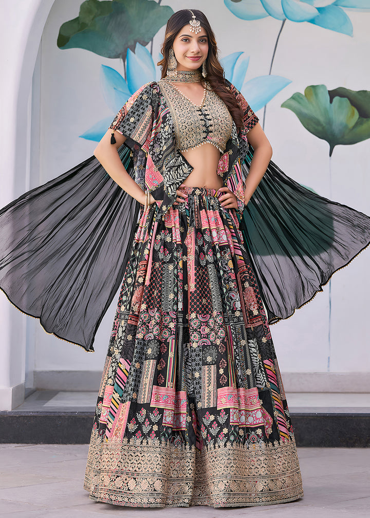 Buy Now Black Printed & Zari Dori Embroidered Lehenga Choli Online in US, UK, Canada, France, Italy, Germany, Australia, UAE, Spain & Worldwide at Empress.