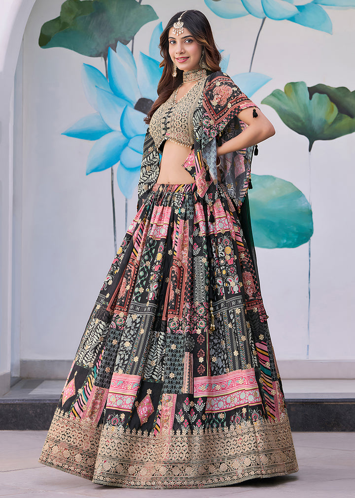 Buy Now Black Printed & Zari Dori Embroidered Lehenga Choli Online in US, UK, Canada, France, Italy, Germany, Australia, UAE, Spain & Worldwide at Empress.