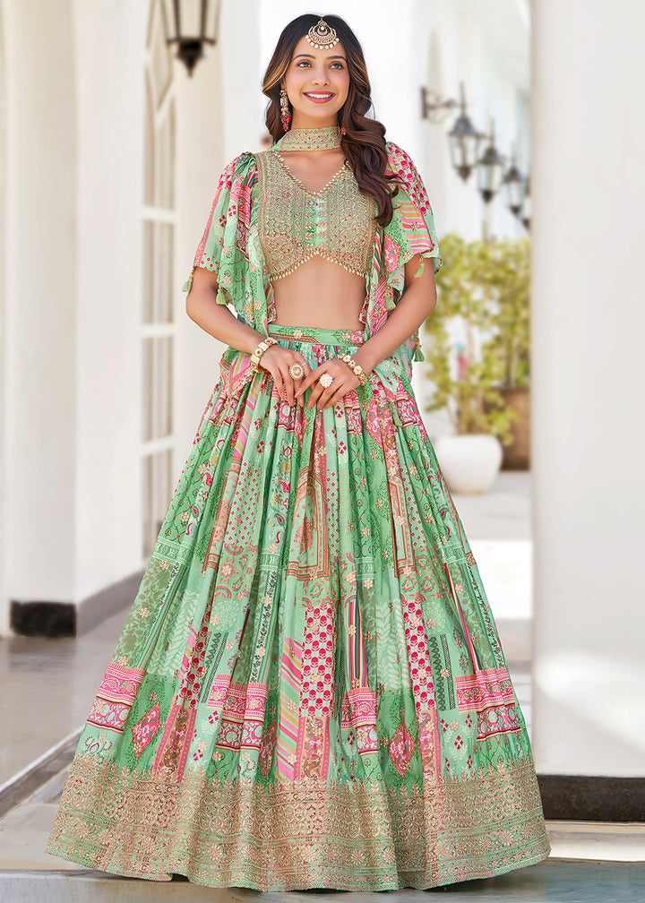 Buy Now Green Printed & Zari Dori Embroidered Lehenga Choli Online in US, UK, Canada, France, Italy, Germany, Australia, UAE, Spain & Worldwide at Empress.