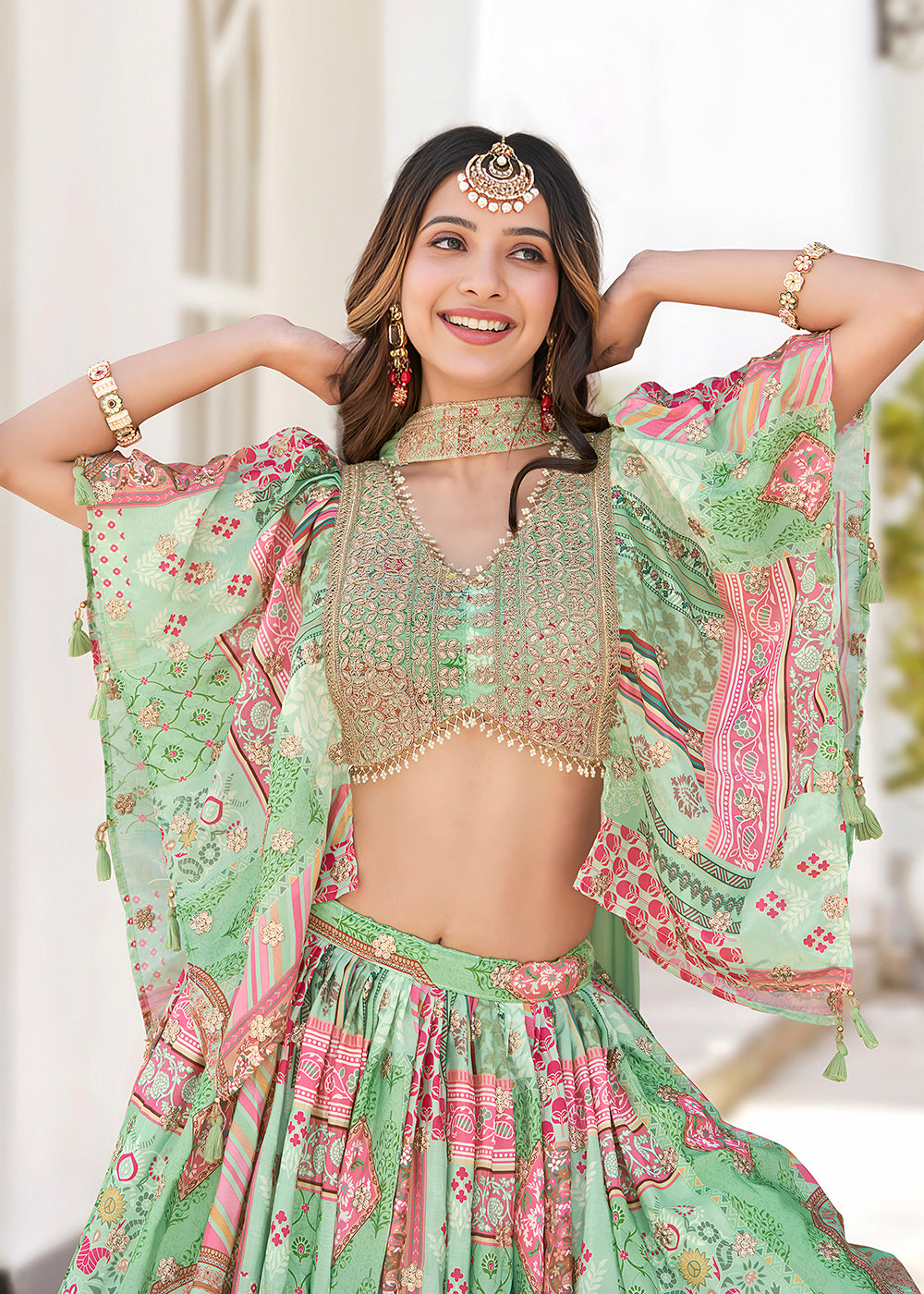 Buy Now Green Printed & Zari Dori Embroidered Lehenga Choli Online in US, UK, Canada, France, Italy, Germany, Australia, UAE, Spain & Worldwide at Empress.