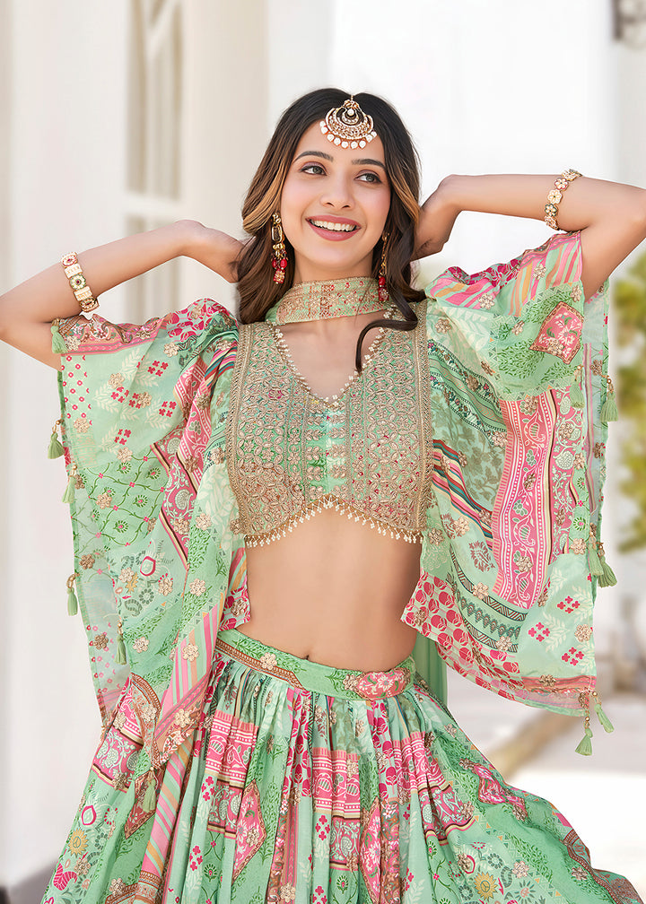Buy Now Green Printed & Zari Dori Embroidered Lehenga Choli Online in US, UK, Canada, France, Italy, Germany, Australia, UAE, Spain & Worldwide at Empress.