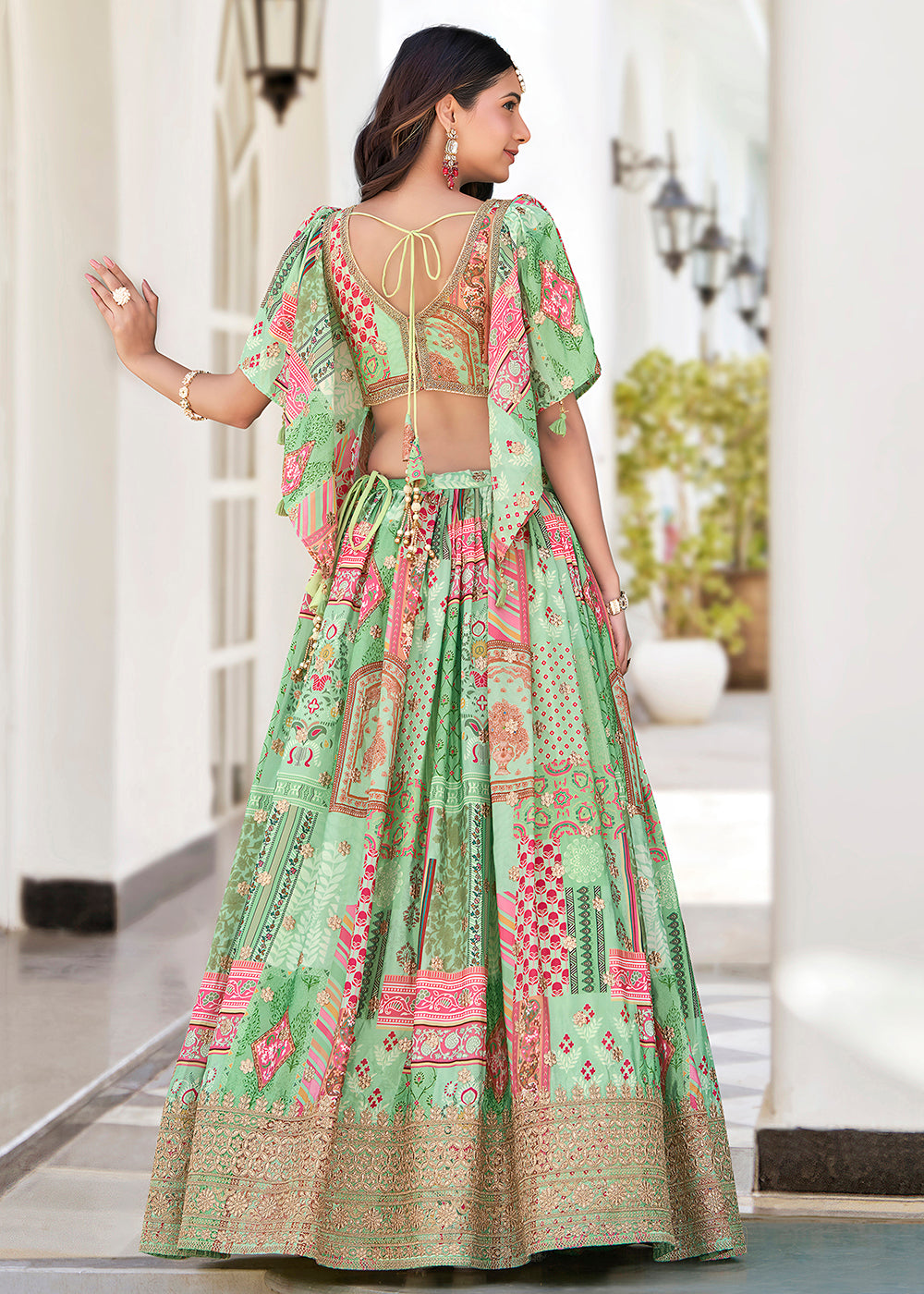 Buy Now Green Printed & Zari Dori Embroidered Lehenga Choli Online in US, UK, Canada, France, Italy, Germany, Australia, UAE, Spain & Worldwide at Empress.