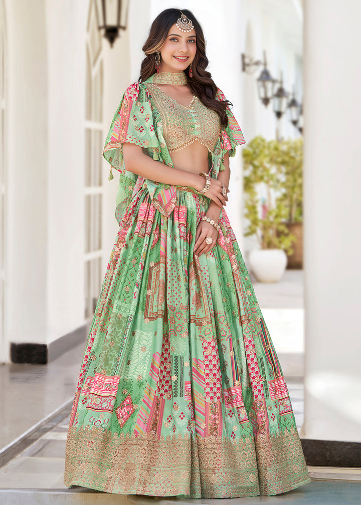 Buy Now Green Printed & Zari Dori Embroidered Lehenga Choli Online in US, UK, Canada, France, Italy, Germany, Australia, UAE, Spain & Worldwide at Empress.