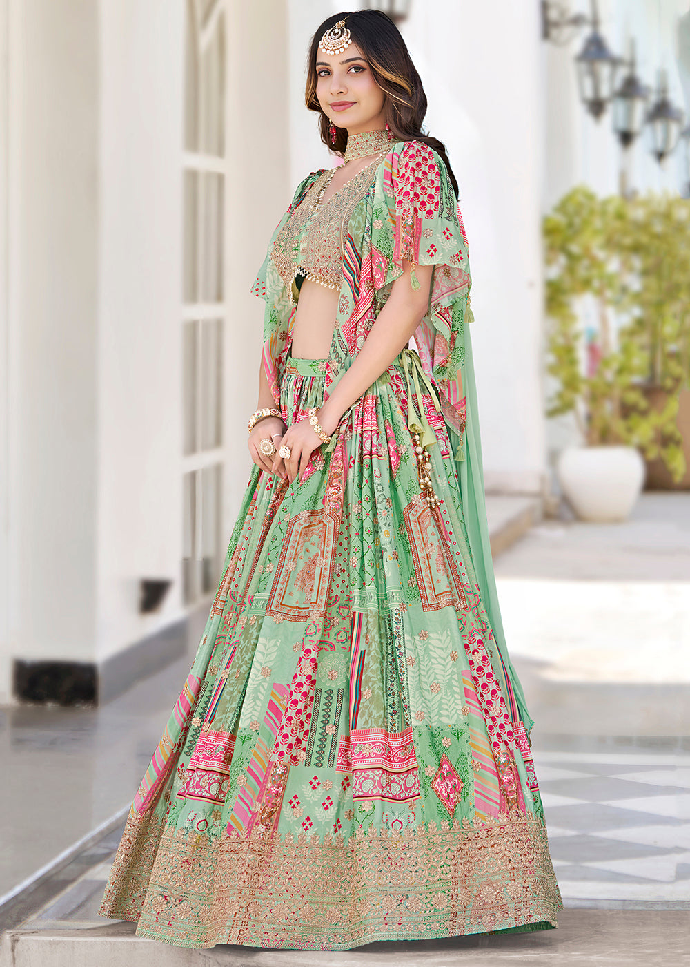 Buy Now Green Printed & Zari Dori Embroidered Lehenga Choli Online in US, UK, Canada, France, Italy, Germany, Australia, UAE, Spain & Worldwide at Empress.