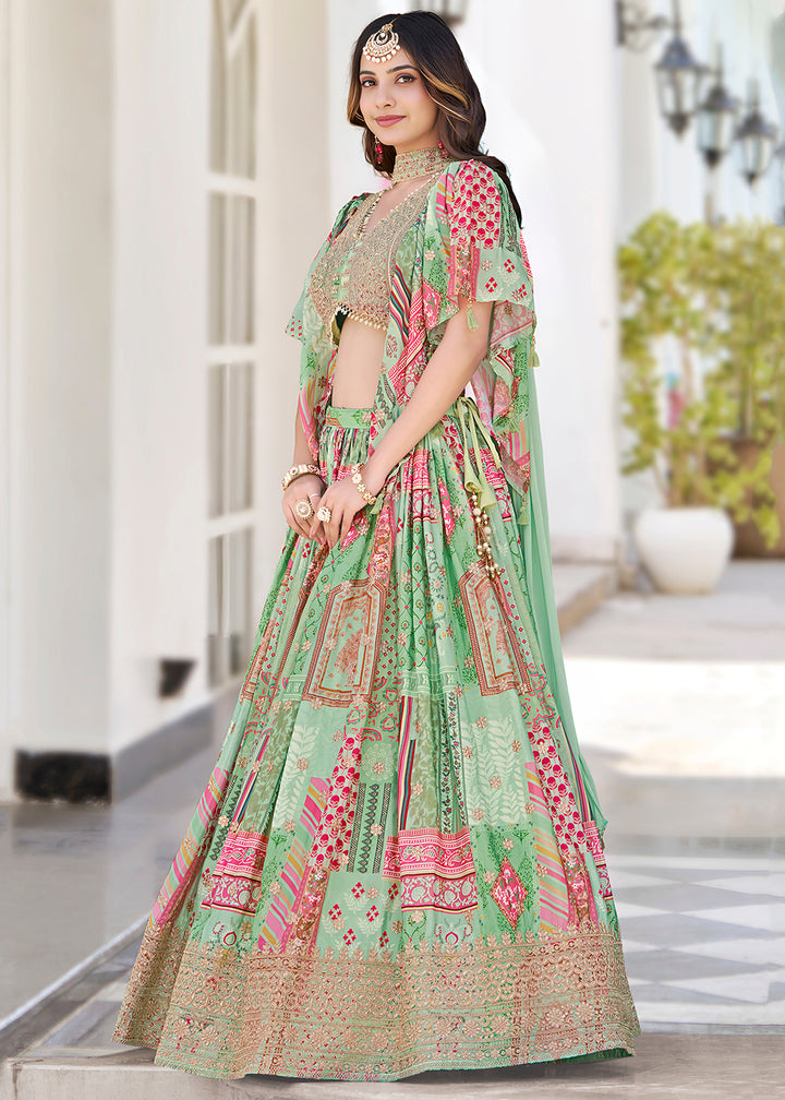 Buy Now Green Printed & Zari Dori Embroidered Lehenga Choli Online in US, UK, Canada, France, Italy, Germany, Australia, UAE, Spain & Worldwide at Empress.