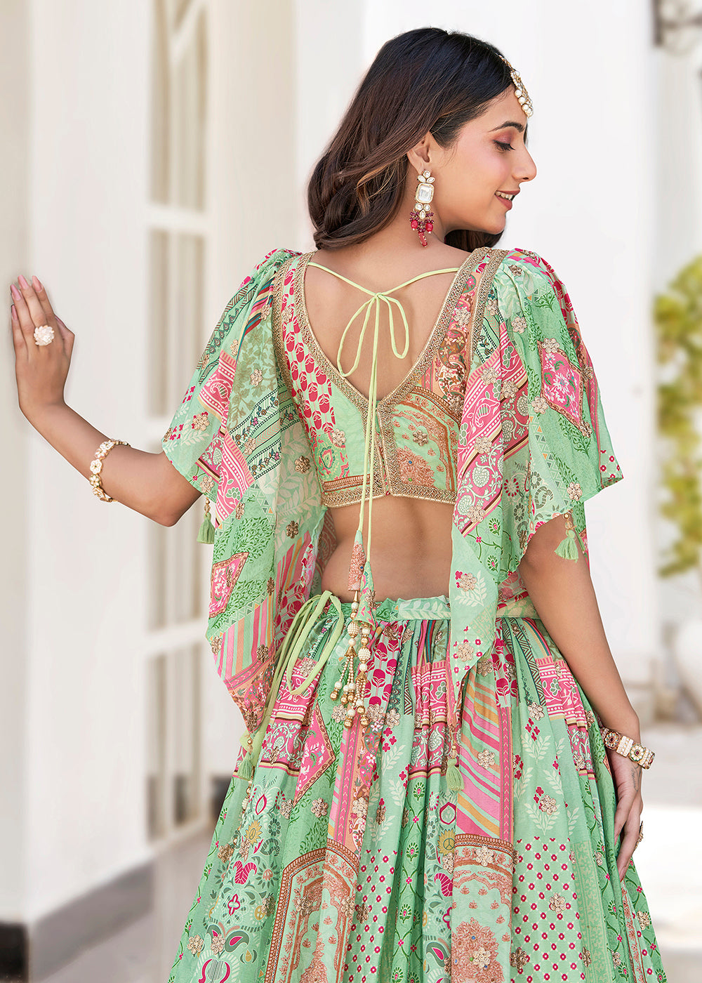 Buy Now Green Printed & Zari Dori Embroidered Lehenga Choli Online in US, UK, Canada, France, Italy, Germany, Australia, UAE, Spain & Worldwide at Empress.