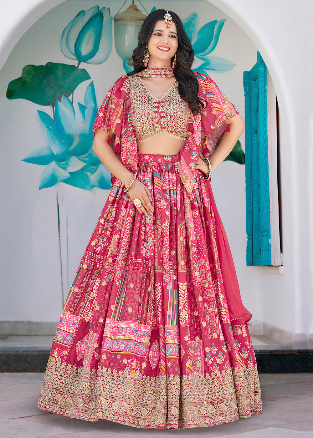 Buy Now Pink Printed & Zari Dori Embroidered Lehenga Choli Online in US, UK, Canada, France, Italy, Germany, Australia, UAE, Spain & Worldwide at Empress.