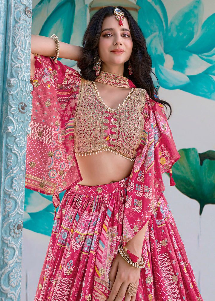 Buy Now Pink Printed & Zari Dori Embroidered Lehenga Choli Online in US, UK, Canada, France, Italy, Germany, Australia, UAE, Spain & Worldwide at Empress.