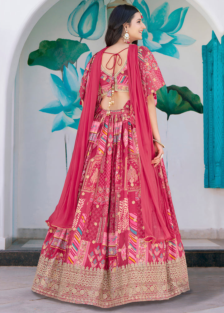 Buy Now Pink Printed & Zari Dori Embroidered Lehenga Choli Online in US, UK, Canada, France, Italy, Germany, Australia, UAE, Spain & Worldwide at Empress.