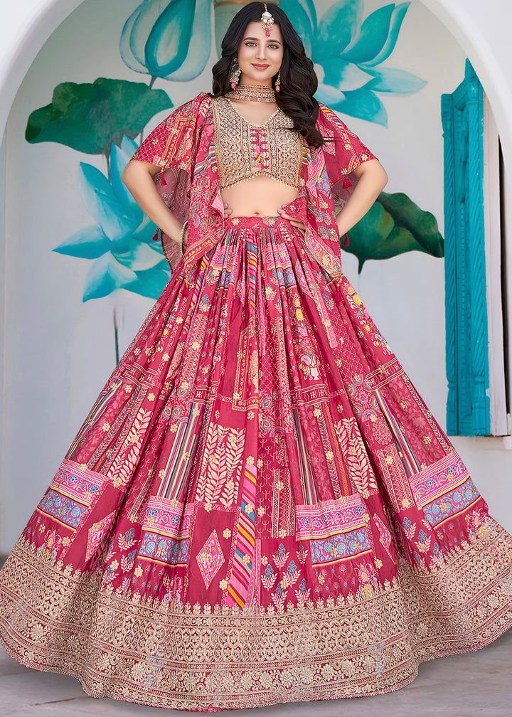 Buy Now Pink Printed & Zari Dori Embroidered Lehenga Choli Online in US, UK, Canada, France, Italy, Germany, Australia, UAE, Spain & Worldwide at Empress.