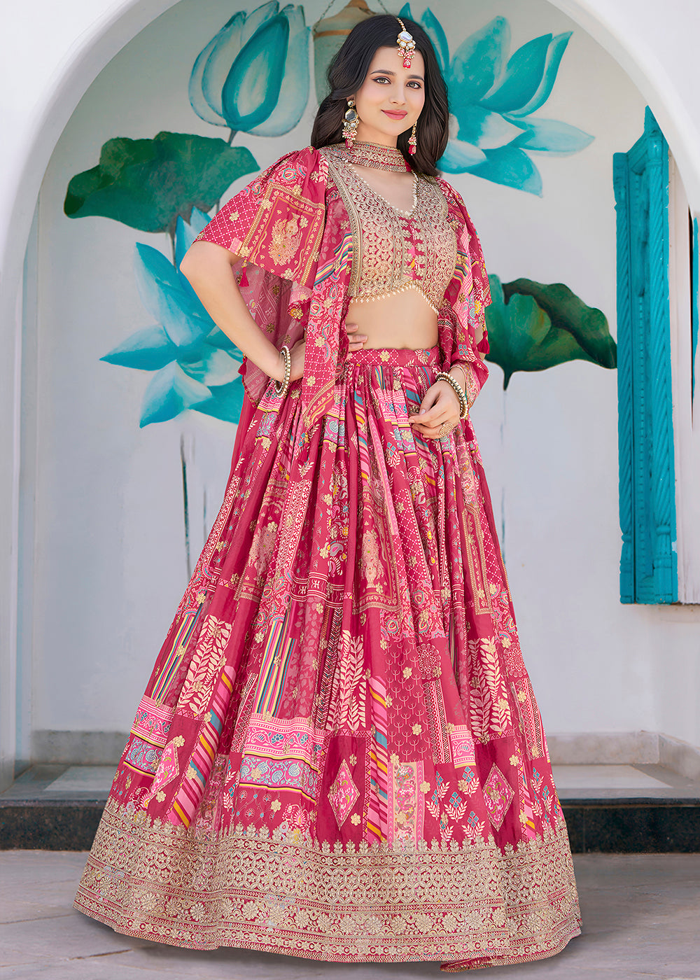 Buy Now Pink Printed & Zari Dori Embroidered Lehenga Choli Online in US, UK, Canada, France, Italy, Germany, Australia, UAE, Spain & Worldwide at Empress.