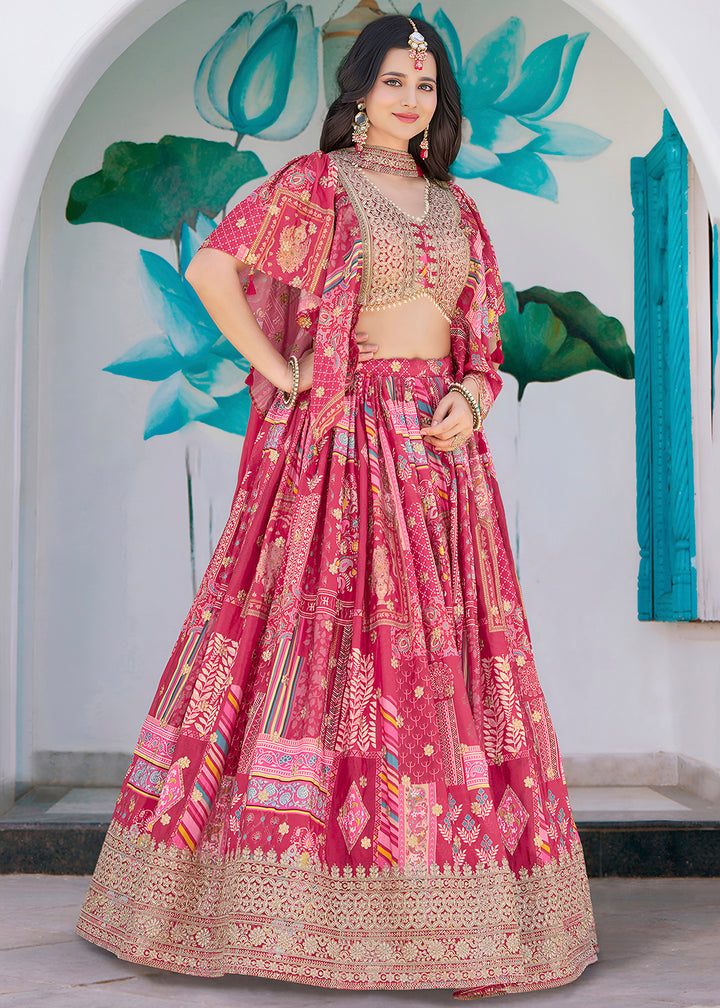 Buy Now Pink Printed & Zari Dori Embroidered Lehenga Choli Online in US, UK, Canada, France, Italy, Germany, Australia, UAE, Spain & Worldwide at Empress.