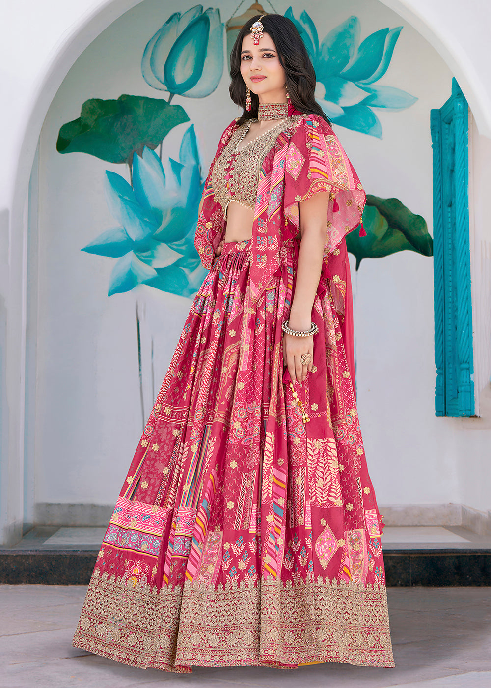 Buy Now Pink Printed & Zari Dori Embroidered Lehenga Choli Online in US, UK, Canada, France, Italy, Germany, Australia, UAE, Spain & Worldwide at Empress.