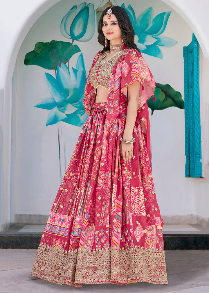 Buy Now Pink Printed & Zari Dori Embroidered Lehenga Choli Online in US, UK, Canada, France, Italy, Germany, Australia, UAE, Spain & Worldwide at Empress.