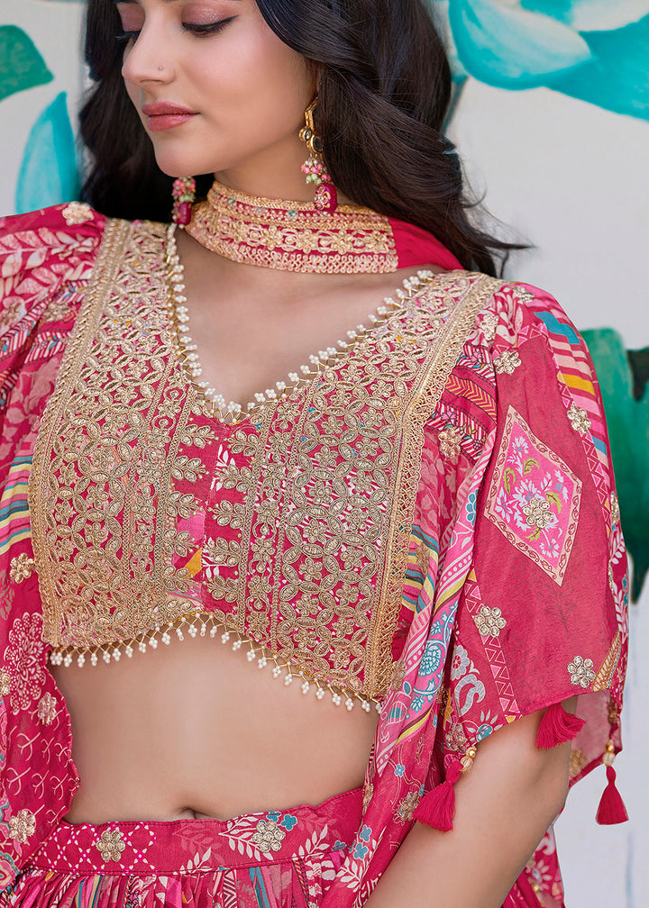 Buy Now Pink Printed & Zari Dori Embroidered Lehenga Choli Online in US, UK, Canada, France, Italy, Germany, Australia, UAE, Spain & Worldwide at Empress.