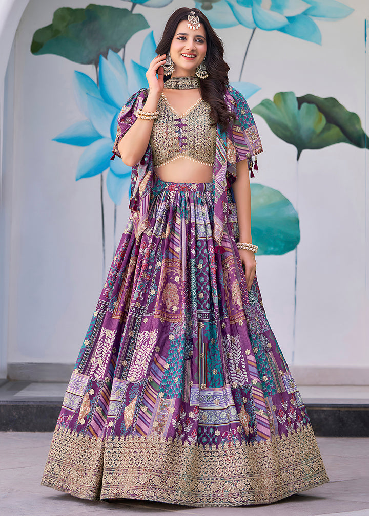 Buy Now Purple Printed & Zari Dori Embroidered Lehenga Choli Online in US, UK, Canada, France, Italy, Germany, Australia, UAE, Spain & Worldwide at Empress.