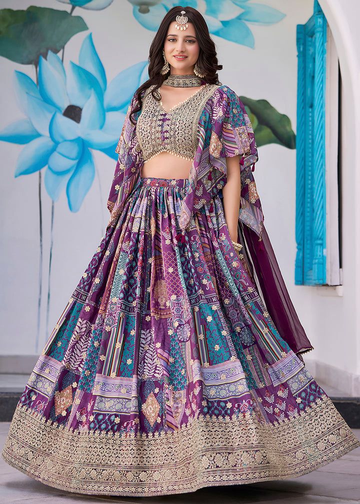 Buy Now Purple Printed & Zari Dori Embroidered Lehenga Choli Online in US, UK, Canada, France, Italy, Germany, Australia, UAE, Spain & Worldwide at Empress.