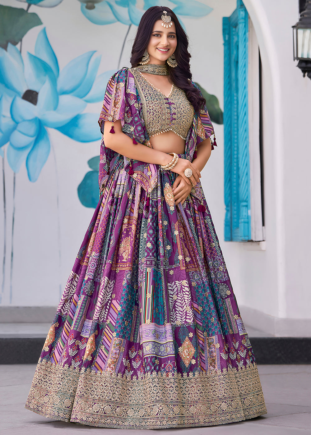 Buy Now Purple Printed & Zari Dori Embroidered Lehenga Choli Online in US, UK, Canada, France, Italy, Germany, Australia, UAE, Spain & Worldwide at Empress.