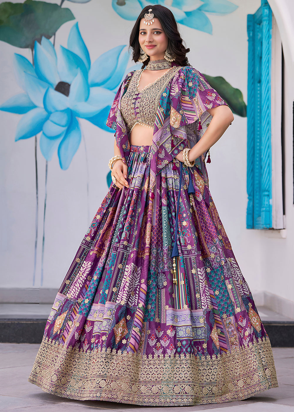 Buy Now Purple Printed & Zari Dori Embroidered Lehenga Choli Online in US, UK, Canada, France, Italy, Germany, Australia, UAE, Spain & Worldwide at Empress.