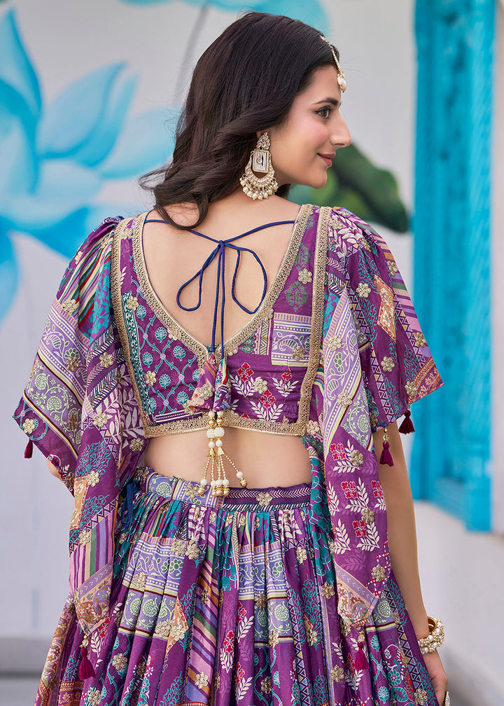 Buy Now Purple Printed & Zari Dori Embroidered Lehenga Choli Online in US, UK, Canada, France, Italy, Germany, Australia, UAE, Spain & Worldwide at Empress.
