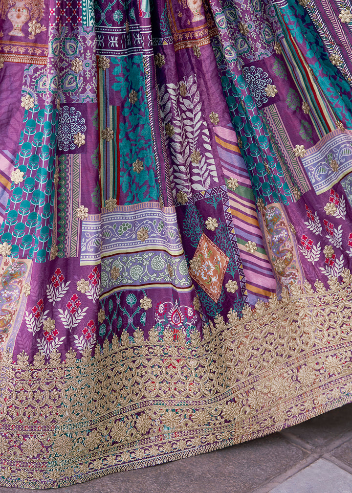 Buy Now Purple Printed & Zari Dori Embroidered Lehenga Choli Online in US, UK, Canada, France, Italy, Germany, Australia, UAE, Spain & Worldwide at Empress.