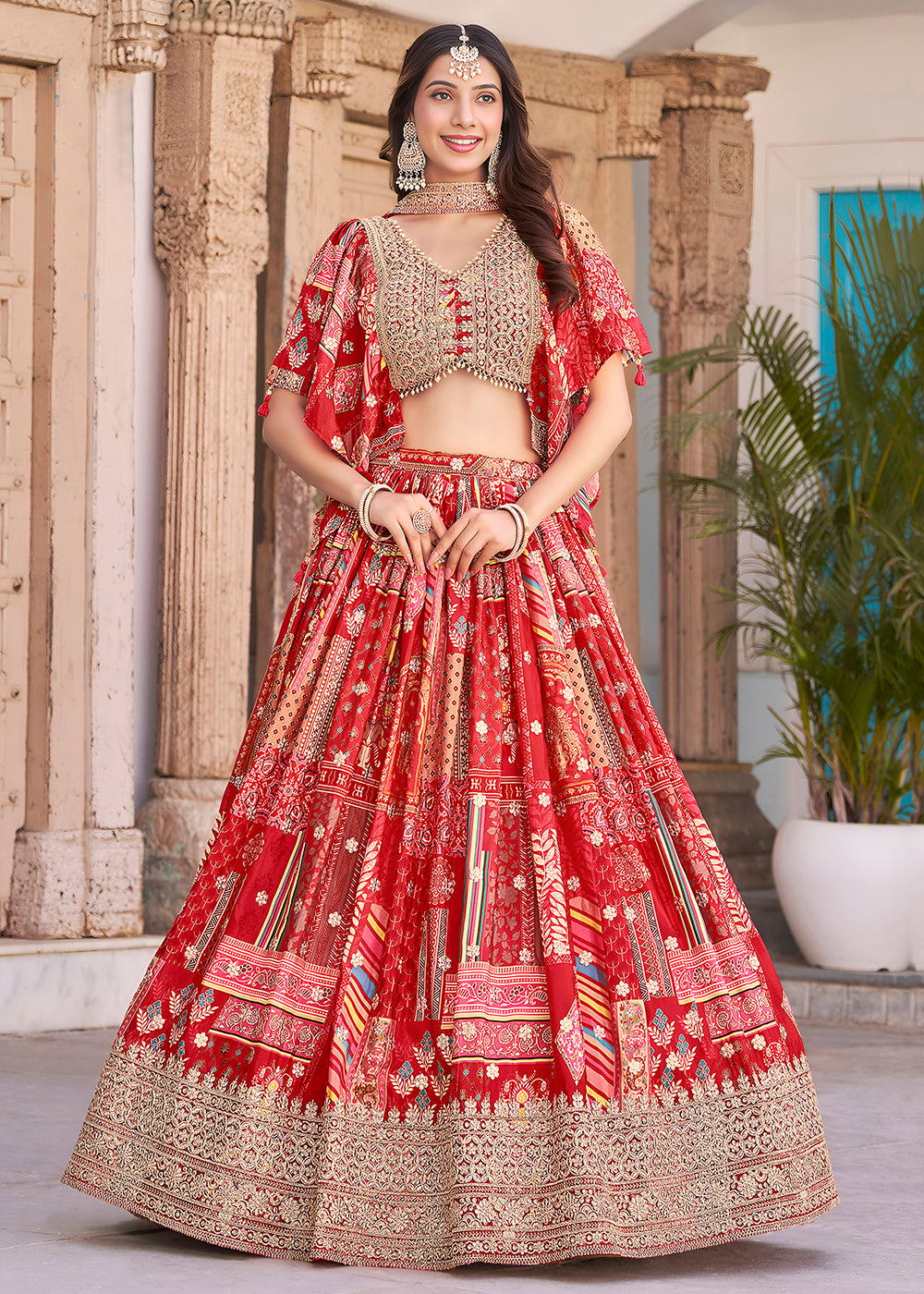 Buy Now Red Printed & Zari Dori Embroidered Lehenga Choli Online in US, UK, Canada, France, Italy, Germany, Australia, UAE, Spain & Worldwide at Empress.
