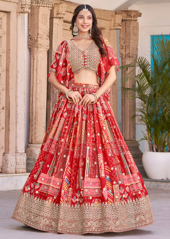 Buy Now Red Printed & Zari Dori Embroidered Lehenga Choli Online in US, UK, Canada, France, Italy, Germany, Australia, UAE, Spain & Worldwide at Empress.