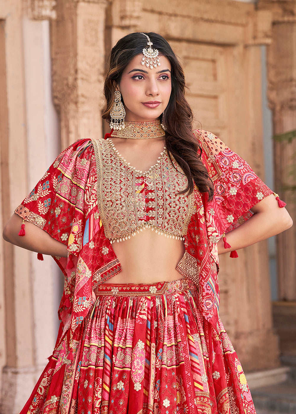 Buy Now Red Printed & Zari Dori Embroidered Lehenga Choli Online in US, UK, Canada, France, Italy, Germany, Australia, UAE, Spain & Worldwide at Empress.
