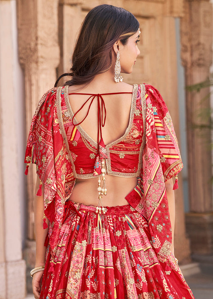 Buy Now Red Printed & Zari Dori Embroidered Lehenga Choli Online in US, UK, Canada, France, Italy, Germany, Australia, UAE, Spain & Worldwide at Empress.