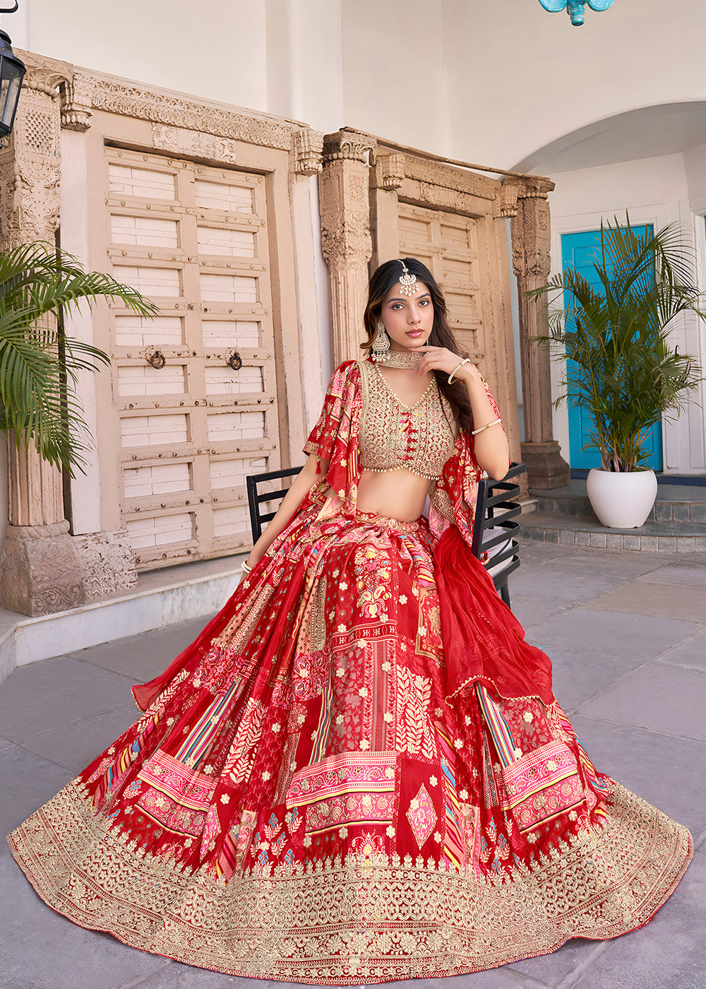 Buy Now Red Printed & Zari Dori Embroidered Lehenga Choli Online in US, UK, Canada, France, Italy, Germany, Australia, UAE, Spain & Worldwide at Empress.