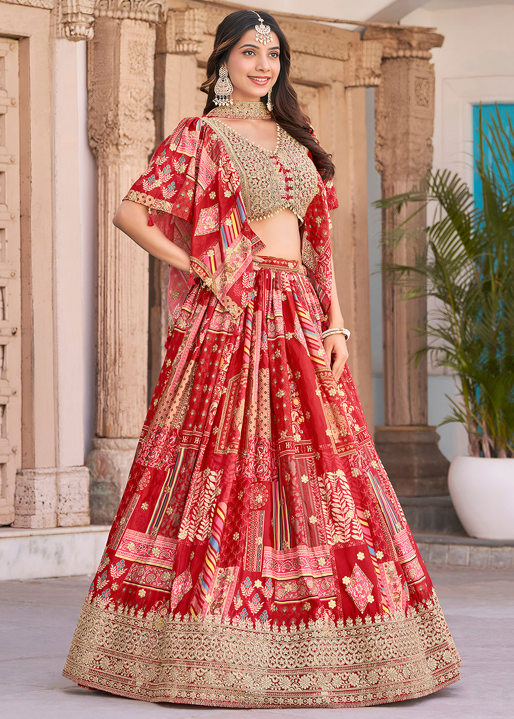 Buy Now Red Printed & Zari Dori Embroidered Lehenga Choli Online in US, UK, Canada, France, Italy, Germany, Australia, UAE, Spain & Worldwide at Empress.