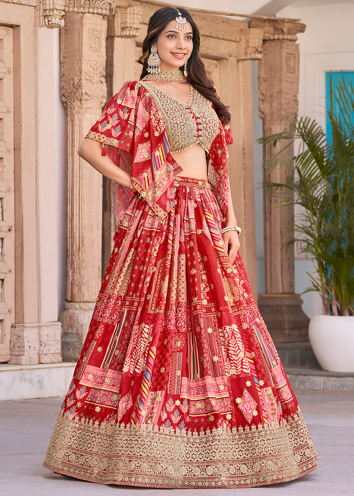 Buy Now Red Printed & Zari Dori Embroidered Lehenga Choli Online in US, UK, Canada, France, Italy, Germany, Australia, UAE, Spain & Worldwide at Empress.