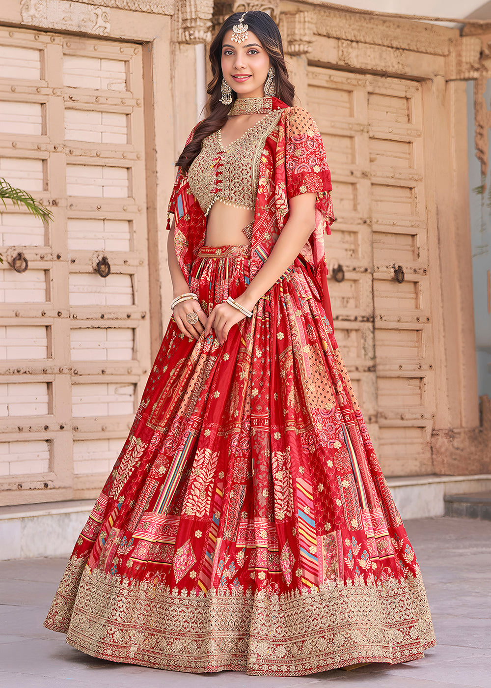 Buy Now Red Printed & Zari Dori Embroidered Lehenga Choli Online in US, UK, Canada, France, Italy, Germany, Australia, UAE, Spain & Worldwide at Empress.