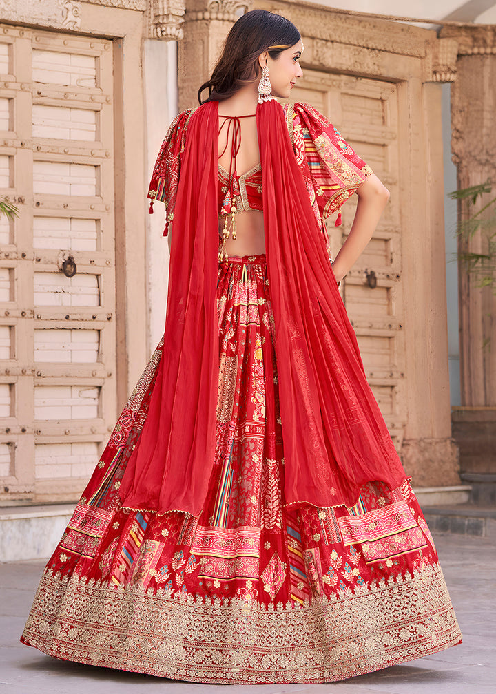 Buy Now Red Printed & Zari Dori Embroidered Lehenga Choli Online in US, UK, Canada, France, Italy, Germany, Australia, UAE, Spain & Worldwide at Empress.