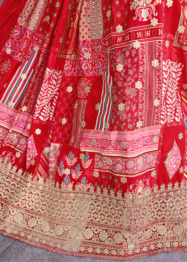 Buy Now Red Printed & Zari Dori Embroidered Lehenga Choli Online in US, UK, Canada, France, Italy, Germany, Australia, UAE, Spain & Worldwide at Empress.