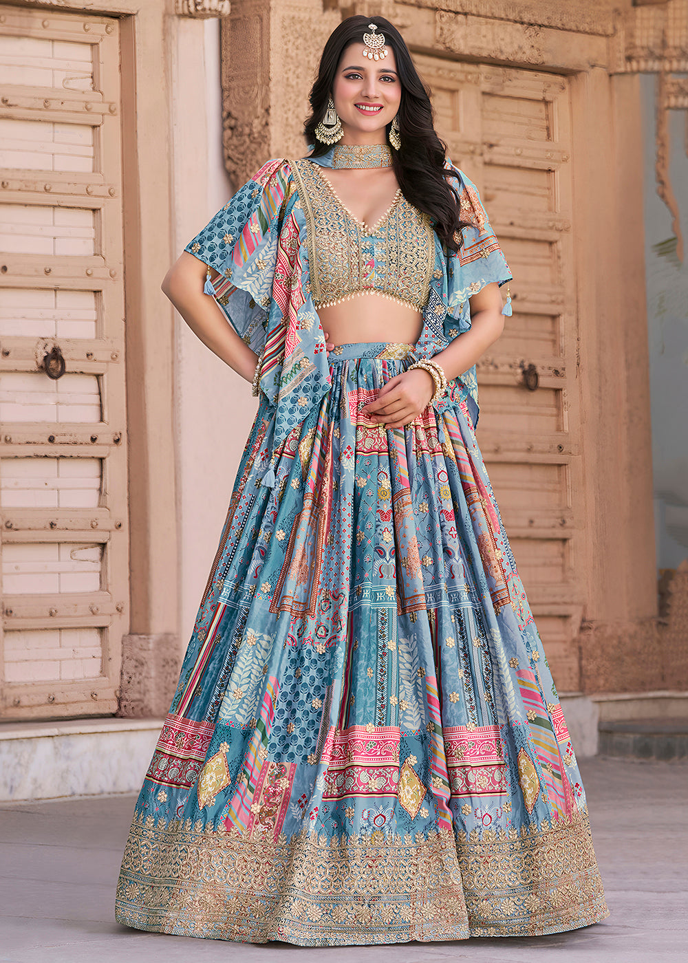 Buy Now Sky Printed & Zari Dori Embroidered Lehenga Choli Online in US, UK, Canada, France, Italy, Germany, Australia, UAE, Spain & Worldwide at Empress.